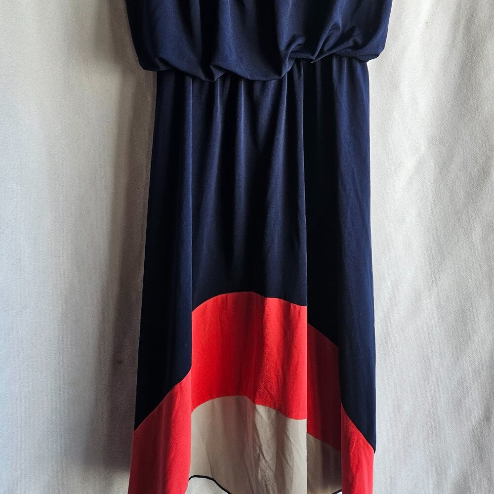 Enfocus Studio size 4 dress, blue, orange and tan. Cinched waist.